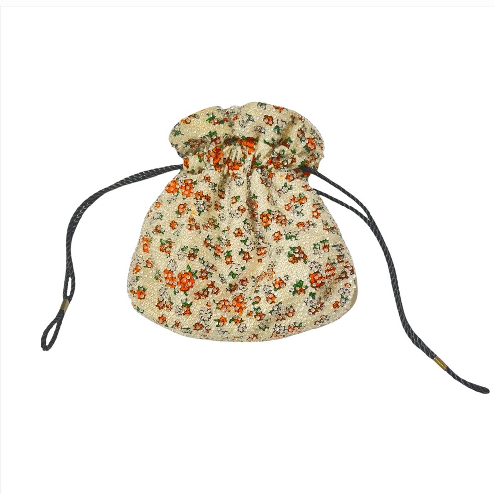 Vintage Reversible Beaded 1950’s Drawstring Floral Paisley Pouch Purse